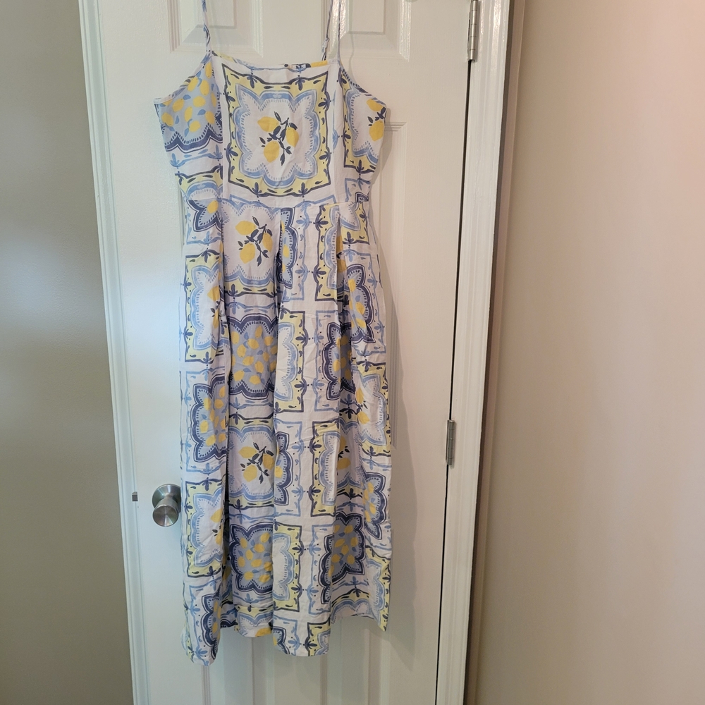 LOFT Blue and Yellow Patterned Midi Dress WITH POCKETS 😆
